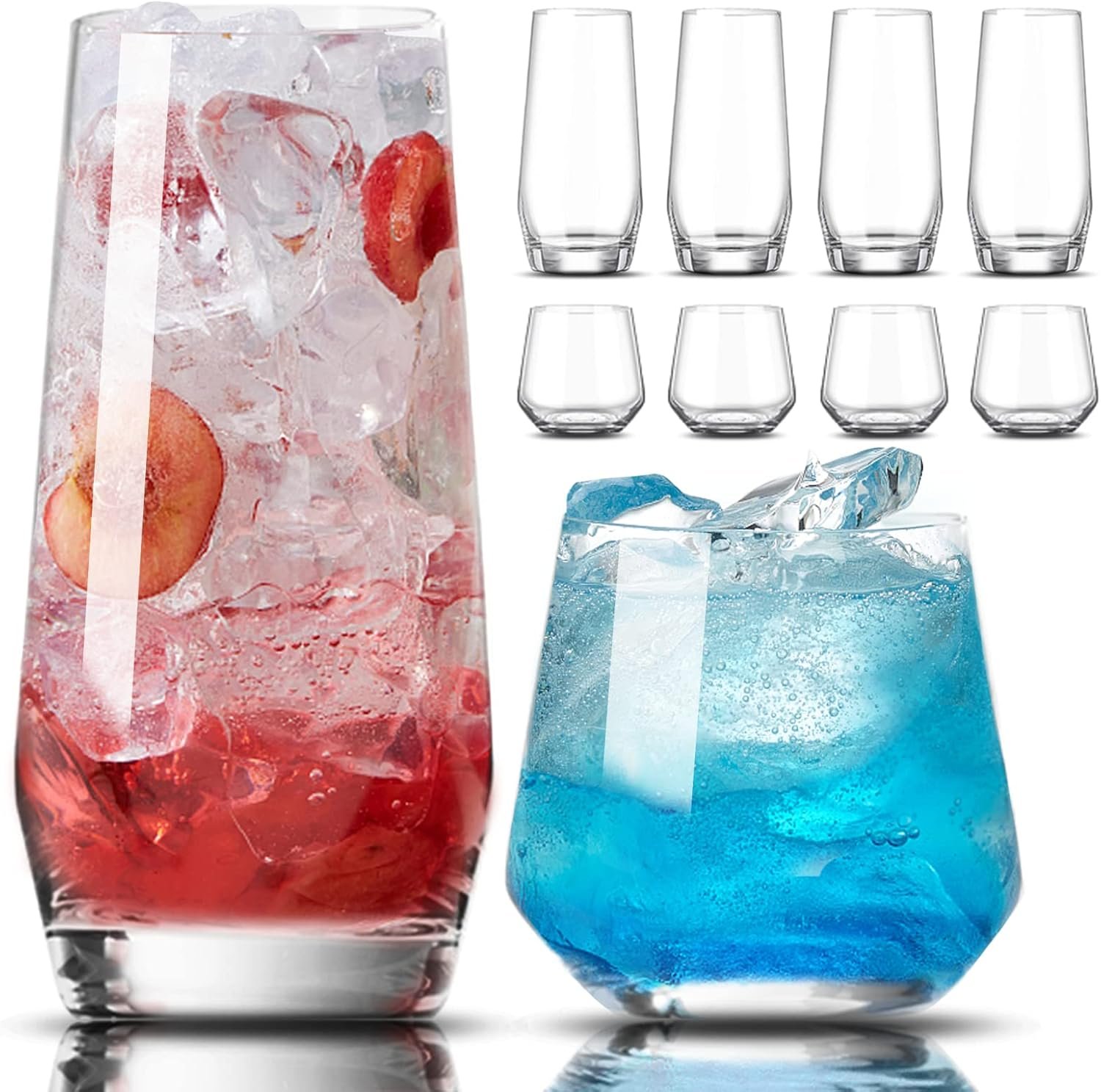 717IuSHlcDL._AC_SL1500_.jpg Drinking Glasses Set of 8-4 Tall Glass Cups 18 oz & 4 Short Stemless Wine Glasses 13 oz, Highball Glasses, Glassware Sets for Cocktail, Beer, Wine, Whiskey, Water & Juice Drinkware - Image 1