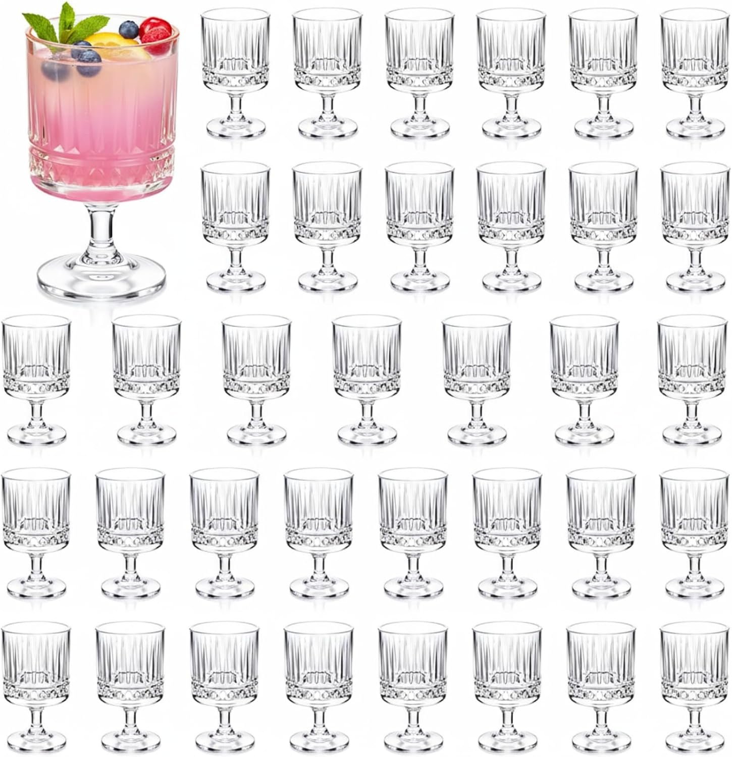 717JsF4re6L._AC_SL1500_.jpg Vintage Goblet Glasses Set, 8 oz Plastic Water Goblets Unbreakable Clear Wine Glasses Bulk with Embossed Floral for Wedding Dining Birthday Guest Gift(48 Pcs,Rhombus) - Image 1