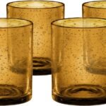 14oz Double Old Fashion Glass, Set of 4 | Iris Seeded Design, Amber | Drinking Glass for Parties and Everyday Use - Mojito, Whiskey, Cocktail | Glassware & Barware Essentials