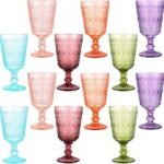 Wine Glasses Set of 12 Vintage Goblet 9 oz Vintage Colored Glass Goblet Beverage Stemmed Glass Cups Romantic Embossed Glassware for Wedding Party Holidays Anniversary (Multi Colors)