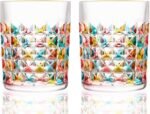 Whiskey Glasses Set of 2, 10oz Colorful Old Fashioned Glasses, Crystal Glassware for Bourbon Scotch Cocktail Rum Vodka Liquor