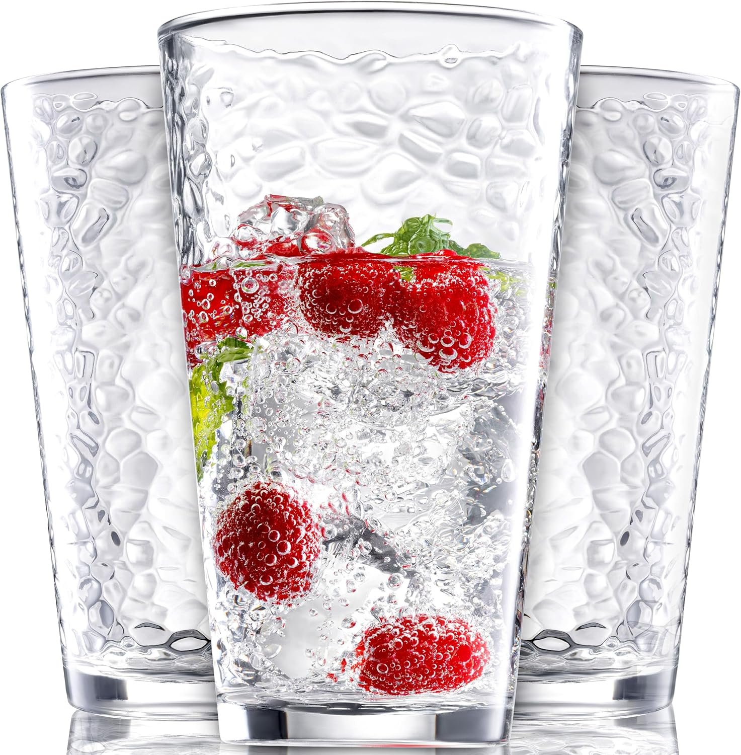 91DJwZNVGVL._AC_SL1500_.jpg Set of 10 Hammered Glass Cups, 16oz. Dishwasher Safe Cocktail Drinking Glasses - Clear Heavy Base Stemmed Water Glasses, Tall Beer Glasses, Bar Glass, Juice, Iced Tea, Margarita, & Everyday Drinks. - Image 1