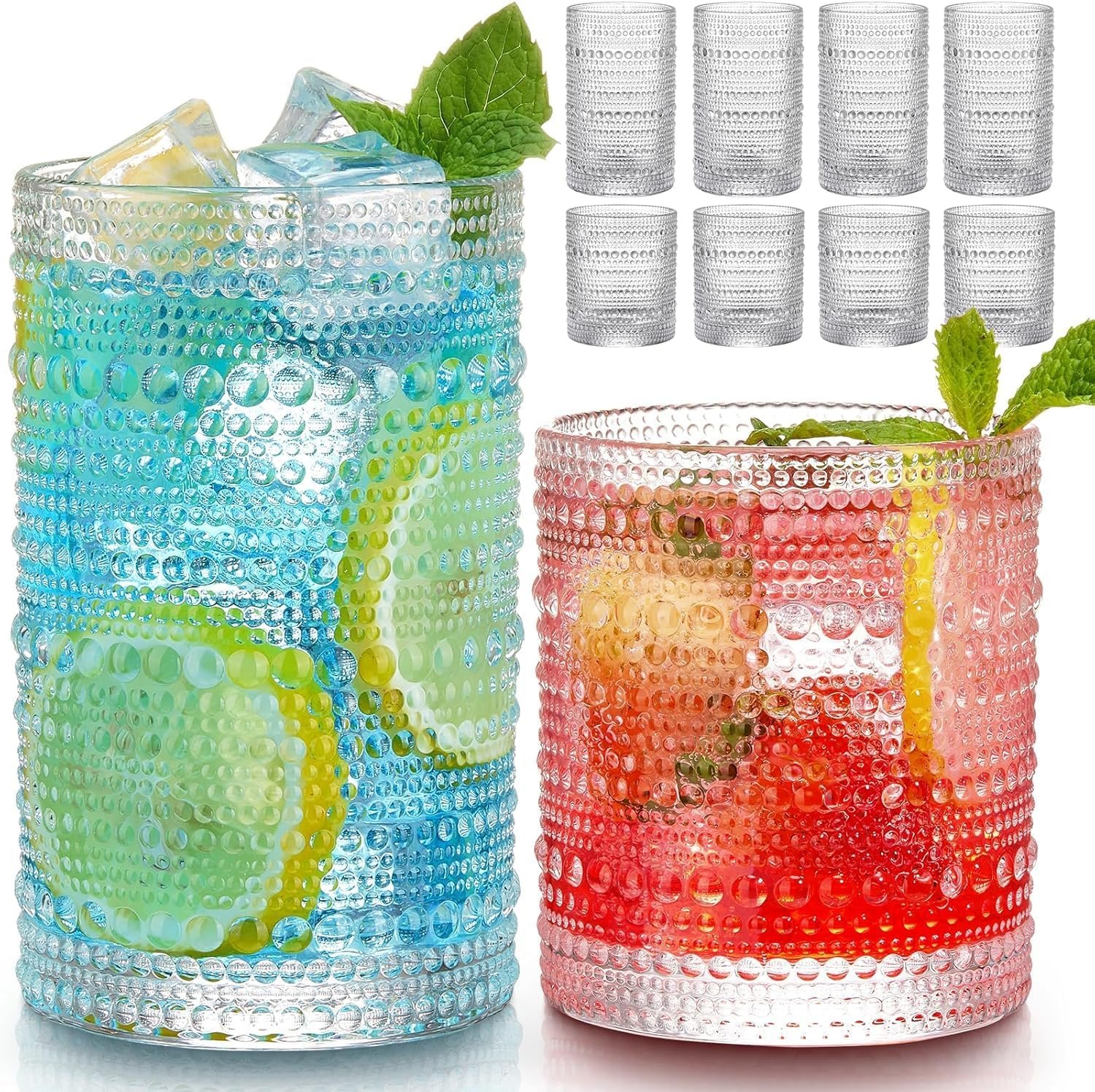 91fPtP2MlLL._AC_SL1500_.jpg Vintage Drinking Glasses Set of 8, 12 oz Highball Glasses & 10 oz Cocktail Glasses Set, Kitchen Water Glasses Cup, Bar Tumbler Glassware Set for Beer, Juice, Cocktail, Whiskey, Milk - Image 1